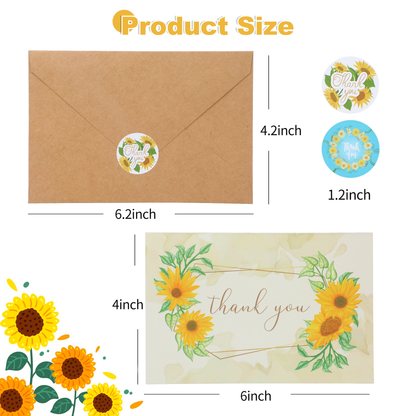 50 Pieces Sunflower Thank You Cards with Kraft Envelopes & Stickers 4x6 Inch Minimalistic Design Bulk Thank You Note Spring Summer Flower Blank Note Cards for Graduation,Baby Shower, Wedding,Bridal ,Birthday,Party