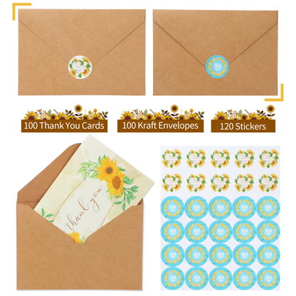 100 Pieces Sunflower Thank You Cards with Kraft Envelopes & Stickers 4x6 Inch Minimalistic Design Bulk Thank You Note Spring Summer Flower Blank Note Cards for Graduation,Baby Shower, Wedding,Bridal ,Birthday,Party