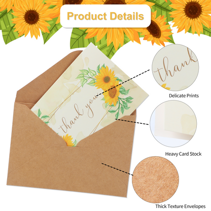 50 Pieces Sunflower Thank You Cards with Kraft Envelopes & Stickers 4x6 Inch Minimalistic Design Bulk Thank You Note Spring Summer Flower Blank Note Cards for Graduation,Baby Shower, Wedding,Bridal ,Birthday,Party