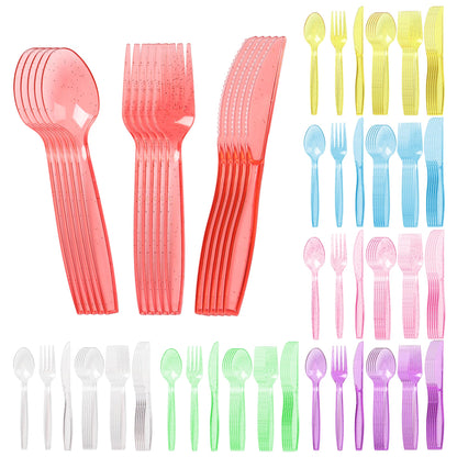 150 PCS Colorful Plastic Silverware Set Glitter Disposable Cutlery Set Included 50 Forks 50 Spoons 50 Knives for Neon Party Favors Birthday Wedding Baby Shower Party Utensils Supplies, 7 Colors