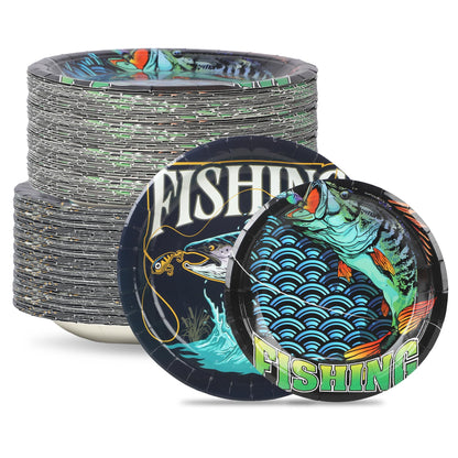 50 Pieces Gone Fishing Party Plates Little Fisherman Gone Fishing Themed Supplies Disposable Plates Fishing Birthday Party Dessert Dinner Plate for Ofishally One Birthday Decorations(7",9")