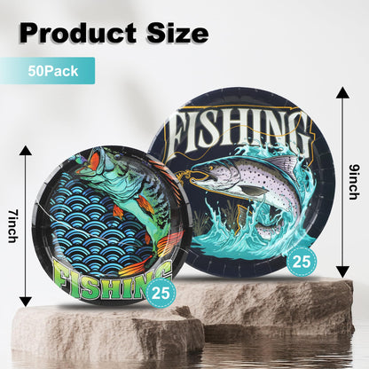50 Pieces Gone Fishing Party Plates Little Fisherman Gone Fishing Themed Supplies Disposable Plates Fishing Birthday Party Dessert Dinner Plate for Ofishally One Birthday Decorations(7",9")