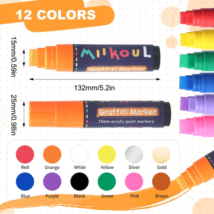 12 Colors Jumbo Graffiti Markers, Large 15mm Felt Tip Waterproof Permanent Acrylic Paint Pens Colored Markers for Rock Painting, Wood, Canvas, Glass, Plastic, Ceramics, Fabric and Outdoor Paintings