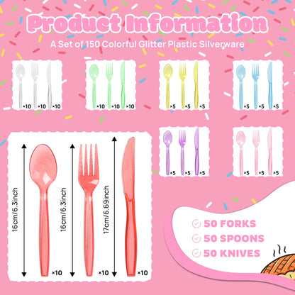 150 PCS Colorful Plastic Silverware Set Glitter Disposable Cutlery Set Included 50 Forks 50 Spoons 50 Knives for Neon Party Favors Birthday Wedding Baby Shower Party Utensils Supplies, 7 Colors