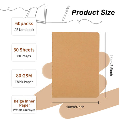 60 Packs Kraft Small Blank Notebooks, Unlined Mini A6 Journals Bulk, Blank Notepads for Kids Students School Office, Traveler Sketching, Drawing, Writing Supplies, 5.5" x 4", 30 Sheets/60 Pages
