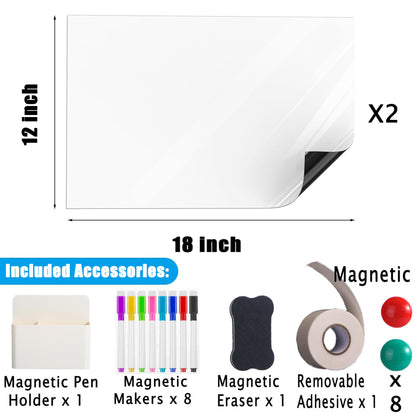 2 Pcs White Board Sticker Adhesive,18*12 in Magnetic Dry Erase Board Paper for Wall,Self Adhesive White Board Sticker for Kids Home Office School with 8 Markers,Magnet Eraser,Removable Adhesive Tape