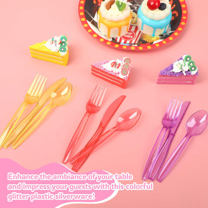150 PCS Colorful Plastic Silverware Set Glitter Disposable Cutlery Set Included 50 Forks 50 Spoons 50 Knives for Neon Party Favors Birthday Wedding Baby Shower Party Utensils Supplies, 7 Colors