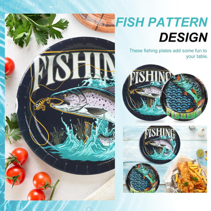 50 Pieces Gone Fishing Party Plates Little Fisherman Gone Fishing Themed Supplies Disposable Plates Fishing Birthday Party Dessert Dinner Plate for Ofishally One Birthday Decorations(7",9")