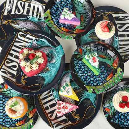 50 Pieces Gone Fishing Party Plates Little Fisherman Gone Fishing Themed Supplies Disposable Plates Fishing Birthday Party Dessert Dinner Plate for Ofishally One Birthday Decorations(7",9")