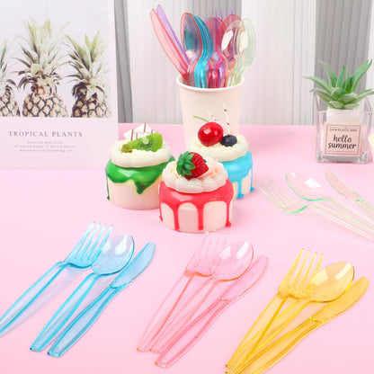 150 PCS Colorful Plastic Silverware Set Glitter Disposable Cutlery Set Included 50 Forks 50 Spoons 50 Knives for Neon Party Favors Birthday Wedding Baby Shower Party Utensils Supplies, 7 Colors