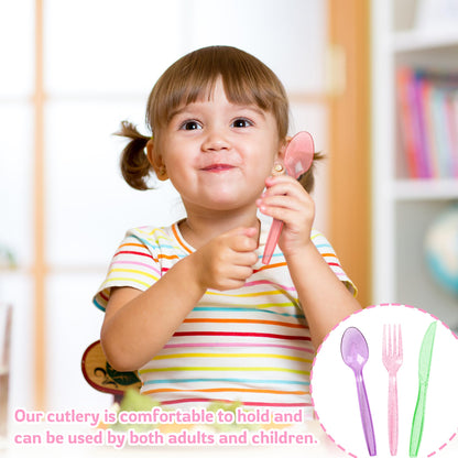 150 PCS Colorful Plastic Silverware Set Glitter Disposable Cutlery Set Included 50 Forks 50 Spoons 50 Knives for Neon Party Favors Birthday Wedding Baby Shower Party Utensils Supplies, 7 Colors