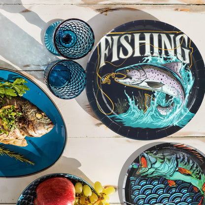 50 Pieces Gone Fishing Party Plates Little Fisherman Gone Fishing Themed Supplies Disposable Plates Fishing Birthday Party Dessert Dinner Plate for Ofishally One Birthday Decorations(7",9")