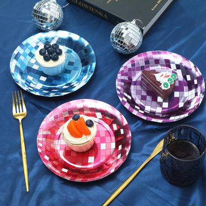 30 Pieces Disco Paper Plates Silver Foil Disposable Plates 70s Disco Party Supplies Bachelorette Plates Disco Ball Dessert Dinner Plates for Birthday 70s Disco Party Wedding(7",9"),5 Colors