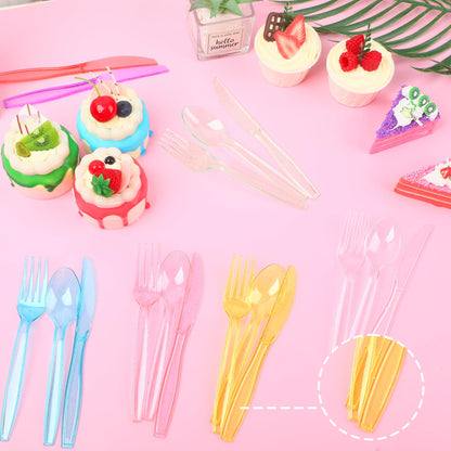 150 PCS Colorful Plastic Silverware Set Glitter Disposable Cutlery Set Included 50 Forks 50 Spoons 50 Knives for Neon Party Favors Birthday Wedding Baby Shower Party Utensils Supplies, 7 Colors